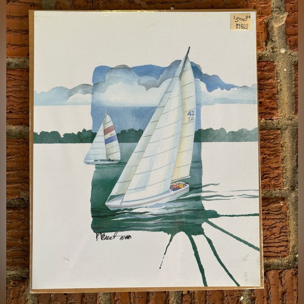 Vintage 1988 Paul Brent Sail II Sailboats Watercolor Montage Print 8” x 10”